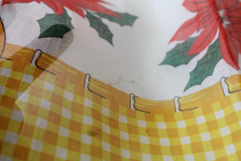 mid century vintage Christmas print sheer cotton organdy apron, poinsettias gingham