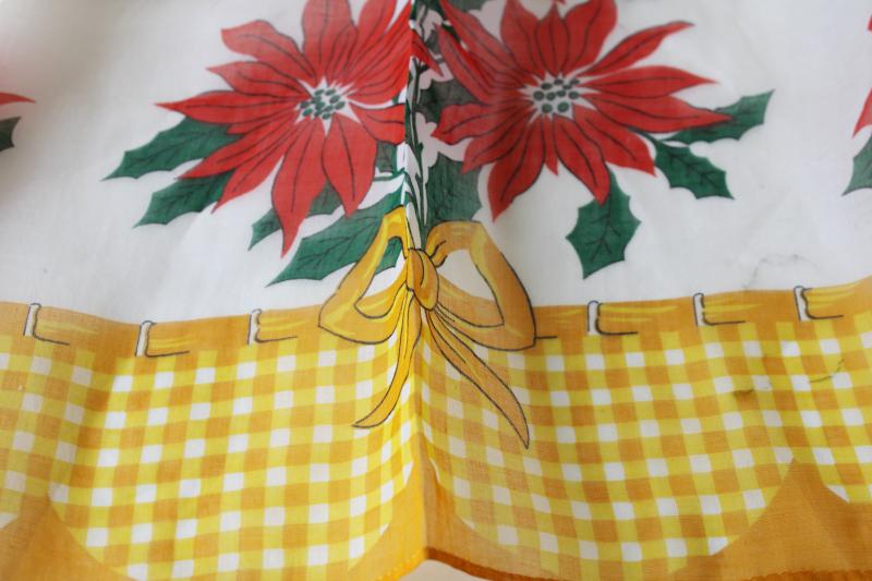 mid century vintage Christmas print sheer cotton organdy apron, poinsettias gingham
