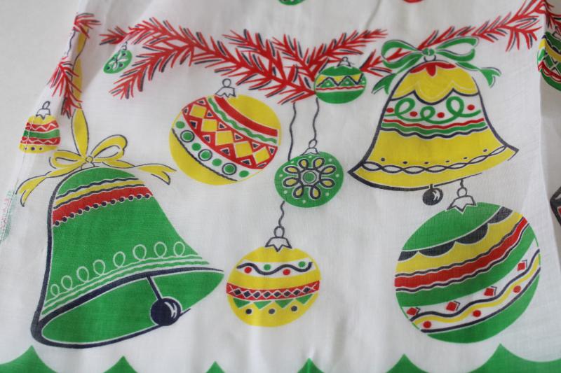 mid century vintage Christmas print sheer cotton organdy apron, red green gold bells