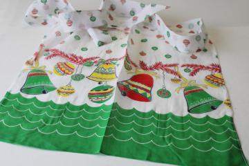 mid century vintage Christmas print sheer cotton organdy apron, red green gold bells