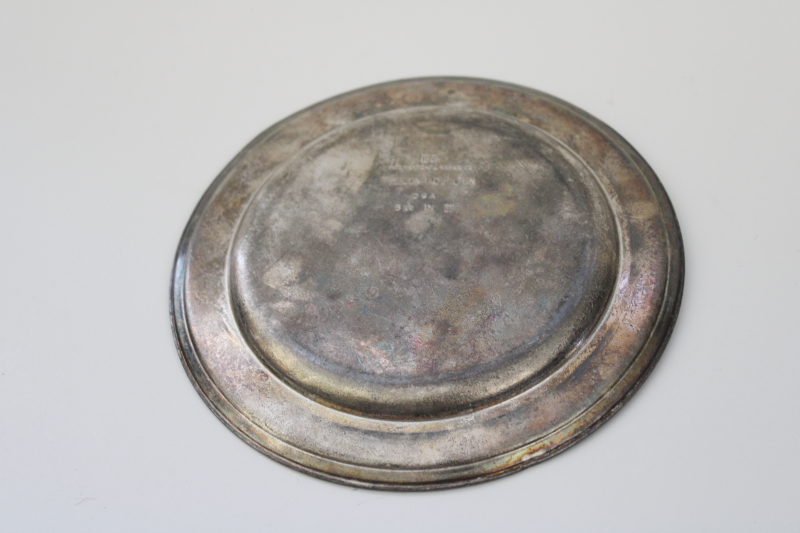 mid century vintage Conrad Hilton hotel silver tip tray, small round silver plate