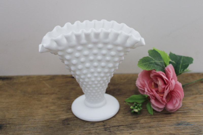 mid-century vintage Fenton hobnail milk glass, fan shaped vase w/ crimped edge