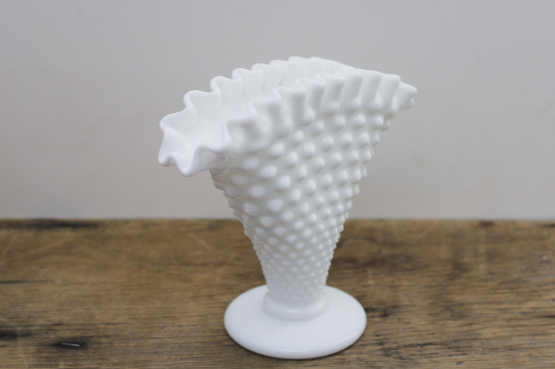 mid-century vintage Fenton hobnail milk glass, fan shaped vase w/ crimped edge