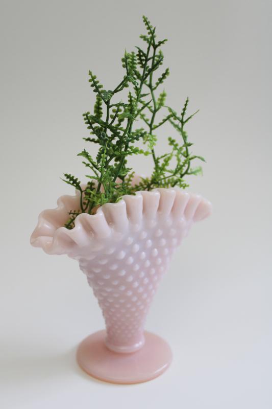 mid-century vintage Fenton pink milk glass hobnail pattern fan vase
