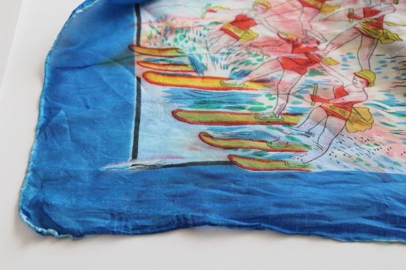 mid-century vintage Florida souvenir silk scarf, colorful print Cypress Gardens