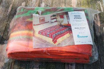mid-century vintage Indian blanket, mint in package poly cotton rayon camp blanket
