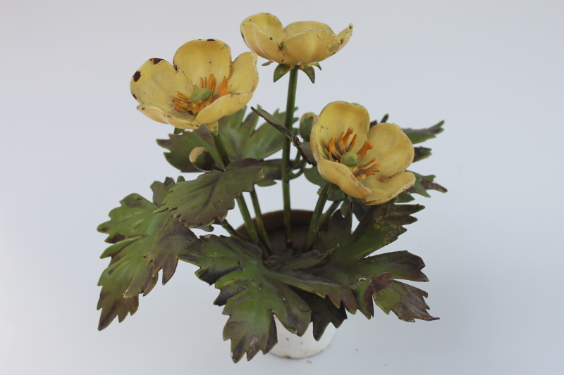 mid-century vintage Italian tole metal flowers, buttercups in planter pot shabby cottage decor