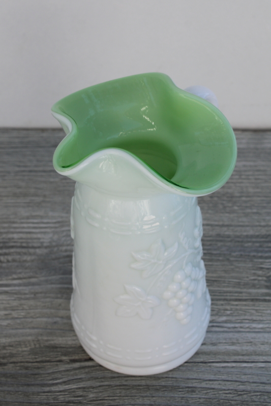 mid century vintage Kanawha hand blown glass pitcher, green cased milk glass grapes pattern