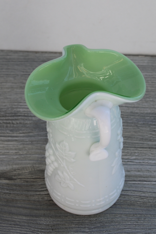 mid century vintage Kanawha hand blown glass pitcher, green cased milk glass grapes pattern