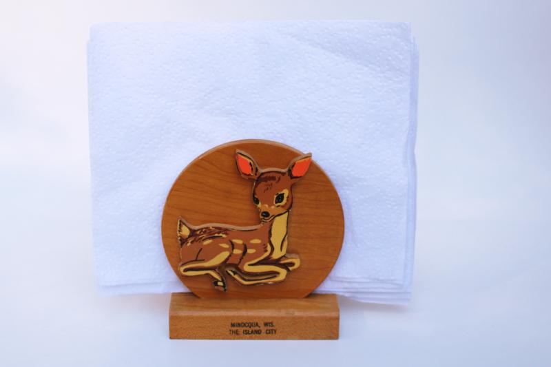 mid-century vintage Minocqua Wisconsin souvenir napkin or postcard holder w/ deer