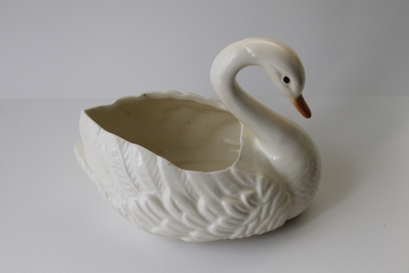 mid-century vintage USA pottery, large ceramic swan flower pot planter