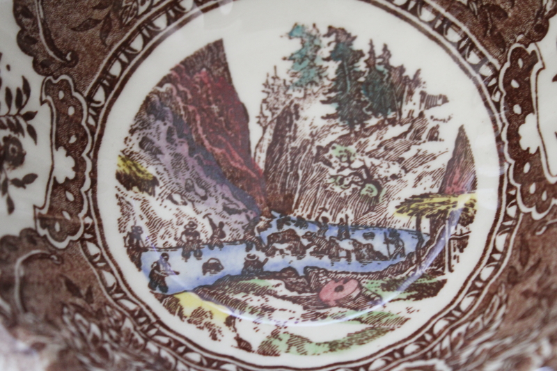 mid century vintage Vernon Kilns pottery bowl w/ handles, 1860 scenes of old California history, Ed Botsford art