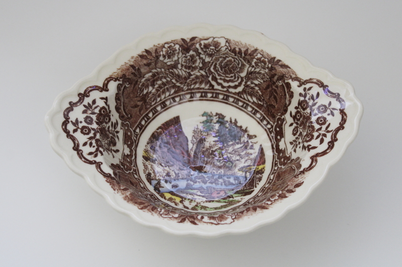 mid century vintage Vernon Kilns pottery bowl w/ handles, 1860 scenes of old California history, Ed Botsford art