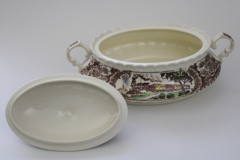 mid century vintage Vernon Kilns pottery covered bowl, 1860 scenes of old California history, Ed Botsford art