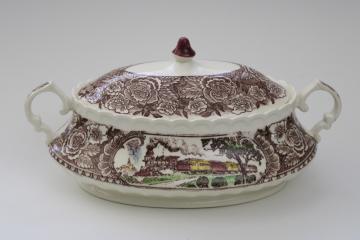 mid century vintage Vernon Kilns pottery covered bowl, 1860 scenes of old California history, Ed Botsford art
