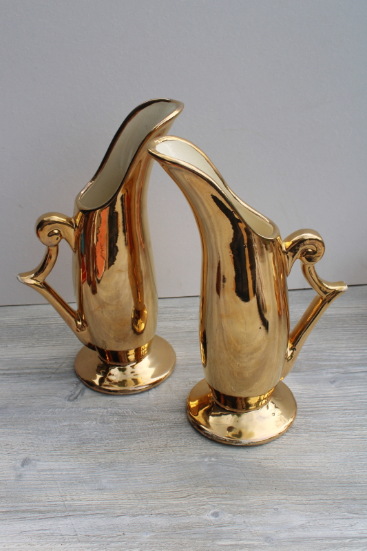 mid-century vintage Zanesville chic pottery vases pair, tall mod metallic gold ceramic