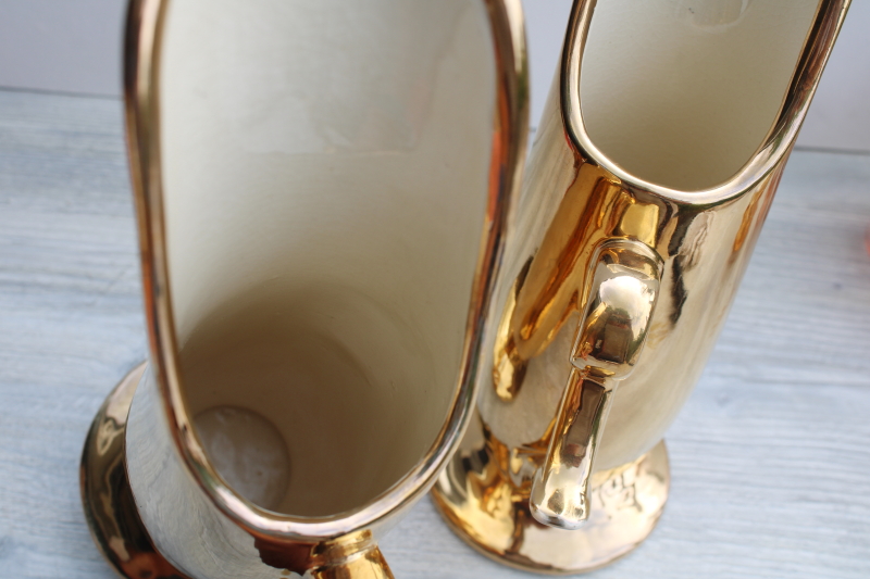 mid-century vintage Zanesville chic pottery vases pair, tall mod metallic gold ceramic