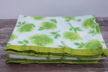 mid century vintage bed blanket, soft plush synthetic bedding w/ lime green roses retro floral print