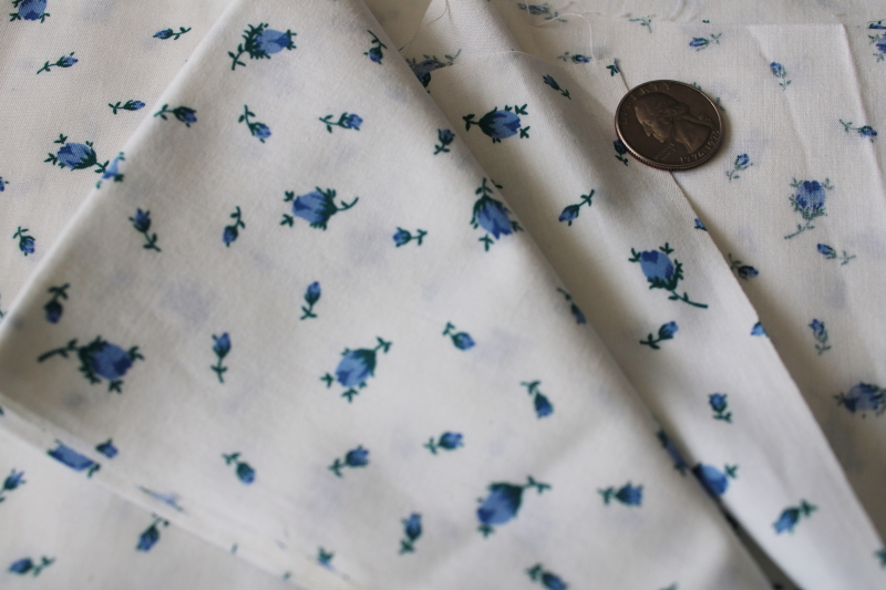 mid-century vintage blue  white roses floral print cotton fabric 36 wide x 1 yard 