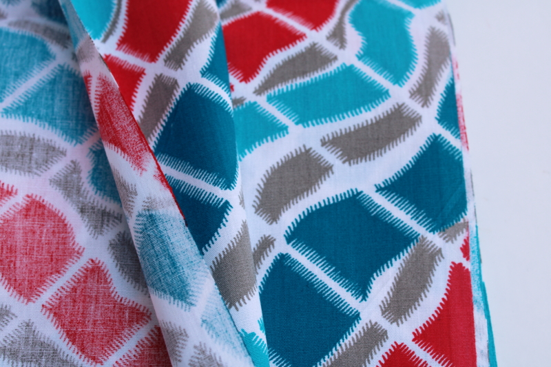 mid-century vintage cotton fabric 36 inch wide, wavy bias stripe red, aqua, teal on white
