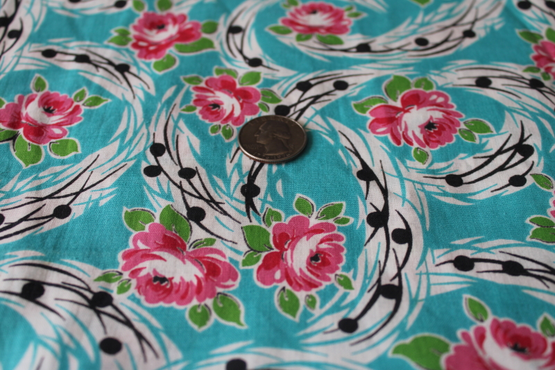 mid-century vintage cotton fabric, retro floral magenta pink roses on turquoise w/ black
