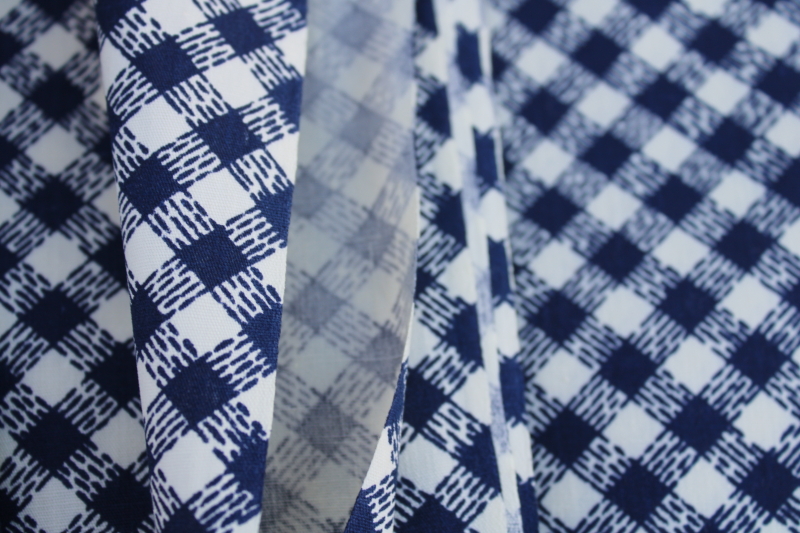 mid century vintage cotton fabric, retro preppy navy blue  white print plaid 6 yards