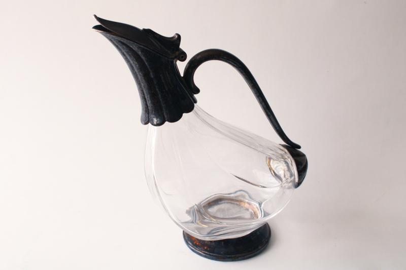 mid-century vintage crystal glass / silver plate wine decanter, duck shape pitcher
