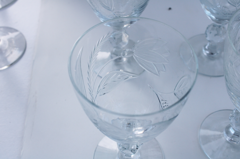 mid-century vintage crystal stemware large low goblets w/ tropical leaves  lily flowers