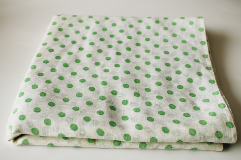 mid-century vintage dotted swiss cotton fabric, jade green polka dots print on white