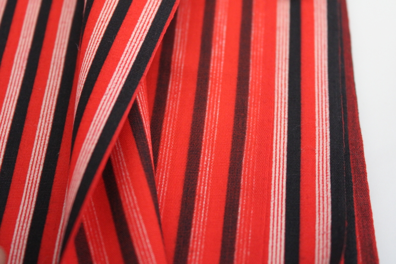 mid century vintage fabric, art deco bold stripe in black  white on red, menswear cotton