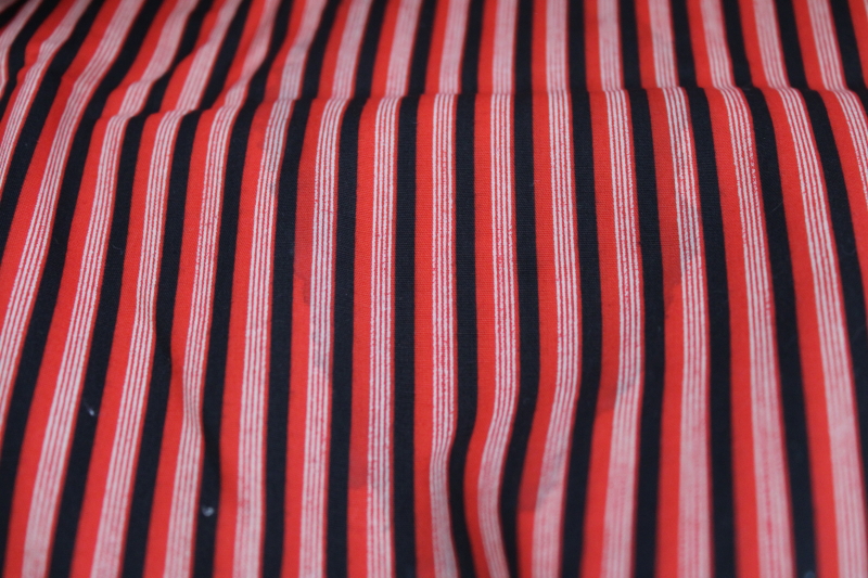 mid century vintage fabric, art deco bold stripe in black  white on red, menswear cotton