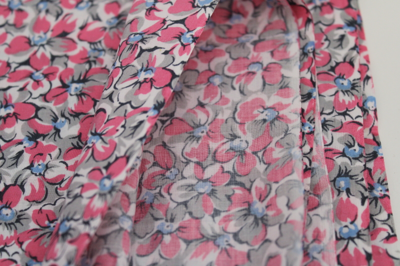 mid-century vintage fabric, floral print fine cotton lawn, pink  grey violets