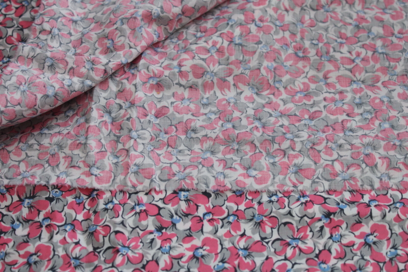 mid-century vintage fabric, floral print fine cotton lawn, pink  grey violets