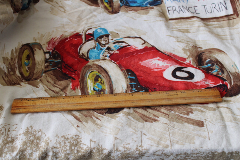 mid-century vintage fabric, large scale print Grand Prix racing race cars  drivers 