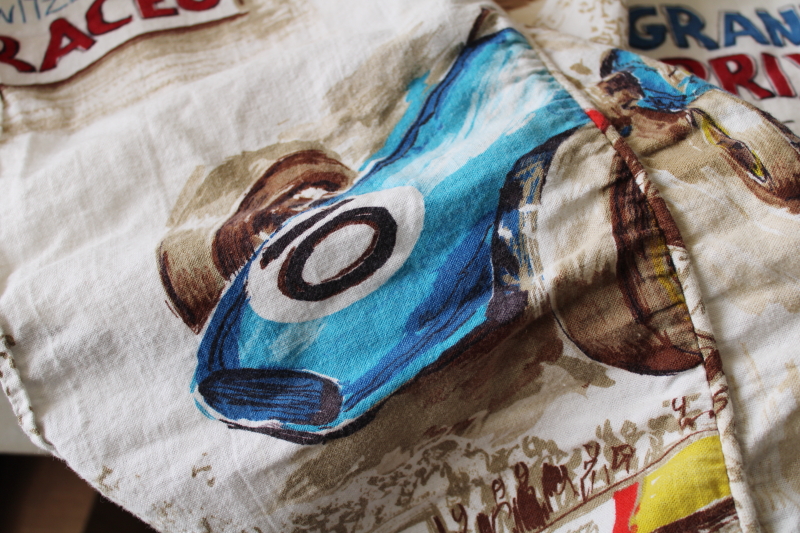 mid-century vintage fabric, large scale print Grand Prix racing race cars  drivers 