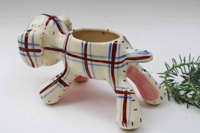 mid century vintage figural pottery planter, hand painted plaid puppy dog