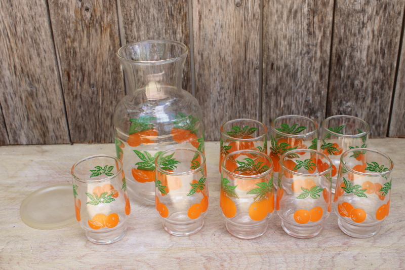 mid-century vintage glass juice set, Handi Serv carafe bottle  glasses w/ oranges print