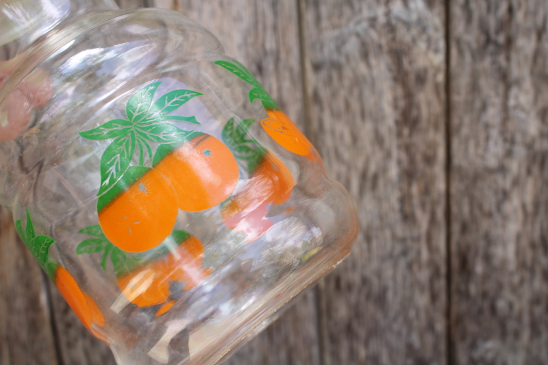 mid-century vintage glass juice set, Handi Serv carafe bottle  glasses w/ oranges print