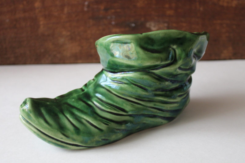 mid-century vintage green ceramic elf shoe or pixie boot planter vase, whimsical holiday decor