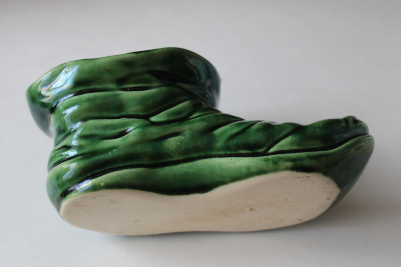 mid-century vintage green ceramic elf shoe or pixie boot planter vase, whimsical holiday decor