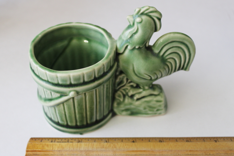 mid-century vintage green glaze pottery planter pot, crowing rooster w/ old bucket