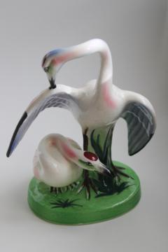 mid century vintage hand painted ceramic figurine, Japanese red crowned cranes good fortune birds