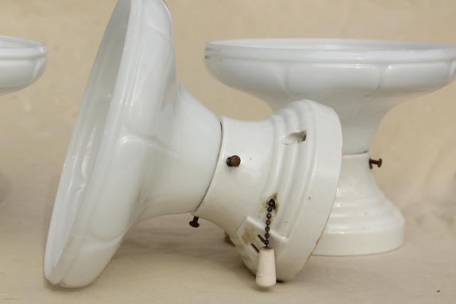 mid century vintage industrial ceiling light fixtures, white ironstone w/ milk glass shades
