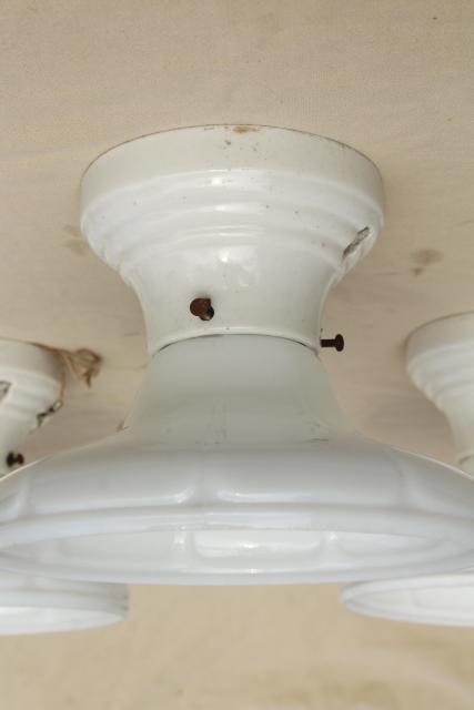 mid century vintage industrial ceiling light fixtures, white ironstone w/ milk glass shades