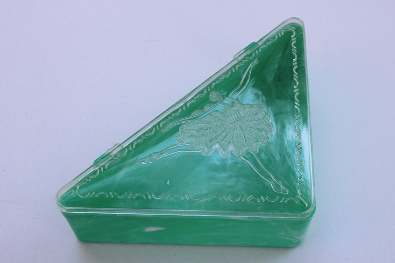 mid-century vintage mint green plastic hanky box, Honner triangular handkerchief box