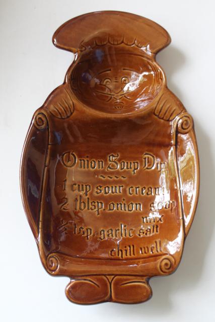 mid century vintage onion soup dip recipe bowl, kitschy chef ceramic chip n dip