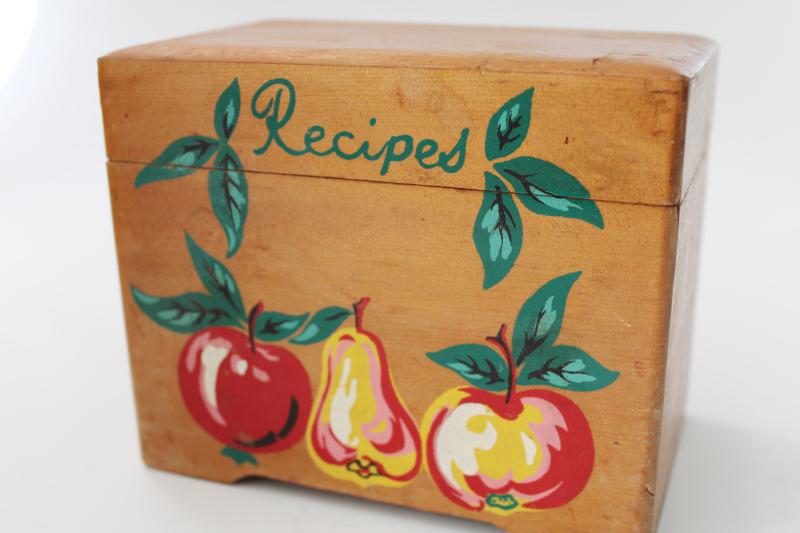 mid century vintage painted wood recipes box for recipe cards, retro kitchen