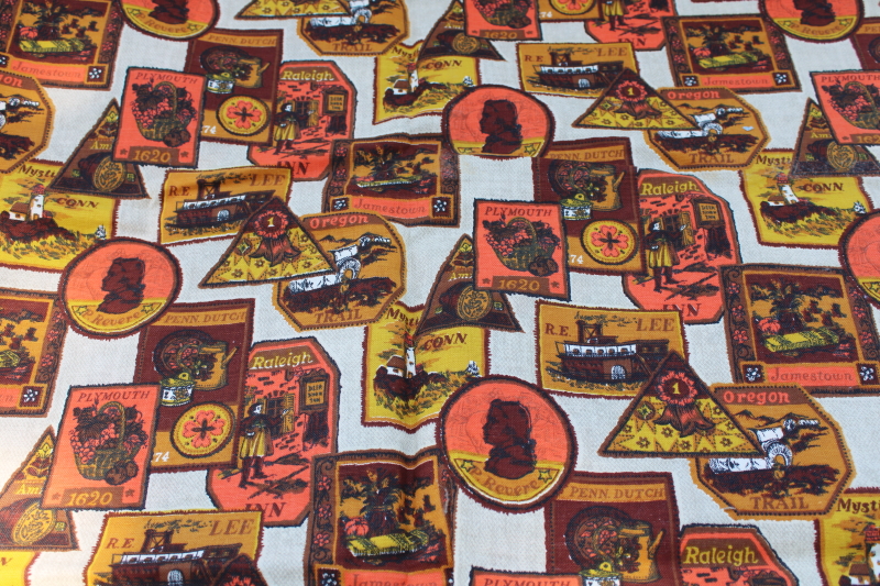 mid-century vintage print cotton fabric historic America badges like old travel labels