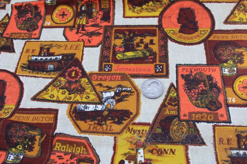 mid-century vintage print cotton fabric historic America badges like old travel labels