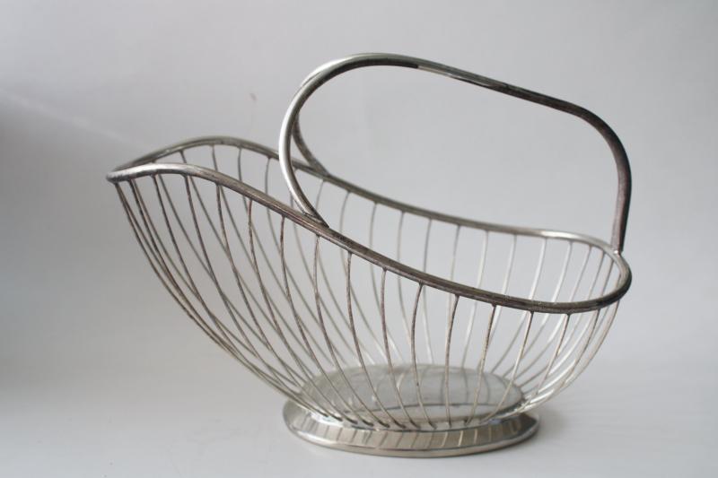 mid-century vintage silverplate wire basket wine bottle holder carrier for table or bar
